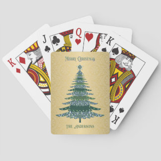 Elegante Kerstboom Groene Gouden Naam Ornamenten Pokerkaarten