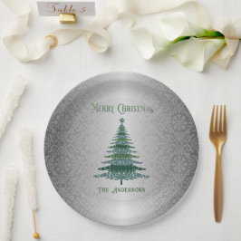 Elegante Kerstboom Groene Zilveren Naam Ornamenten Papieren Bordje