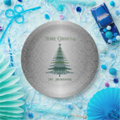 Elegante Kerstboom Groene Zilveren Naam Ornamenten Papieren Bordje (Feest)