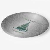 Elegante Kerstboom Groene Zilveren Naam Ornamenten Papieren Bordje (Gekanteld)