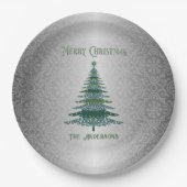 Elegante Kerstboom Groene Zilveren Naam Ornamenten Papieren Bordje (Voorkant)