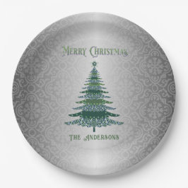 Elegante Kerstboom Groene Zilveren Naam Ornamenten Papieren Bordje