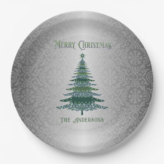 Elegante Kerstboom Groene Zilveren Naam Ornamenten Papieren Bordje (Voorkant)
