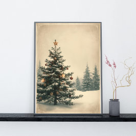 Elegante Kerstboom in een Besneeuwd Landschap Poster