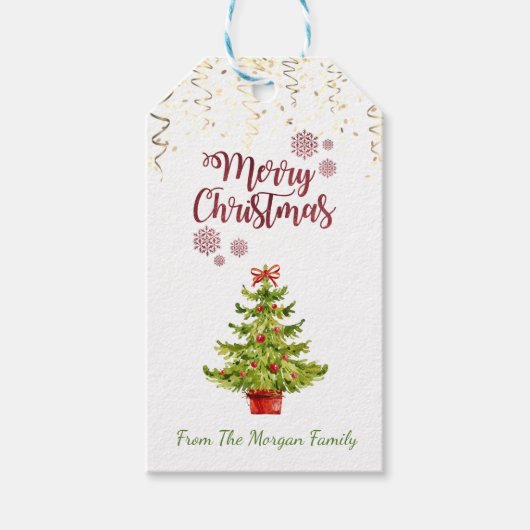 Elegante kerstboom in waterverf, confetti cadeaulabel (Voorkant)
