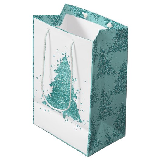 Elegante kerstboom | Luxe Aqua Mint Splatter Medium Cadeauzakje (Voorkant Gekanteld)