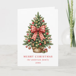 Elegante kerstboom met rode gingham strik in water feestdagen kaart