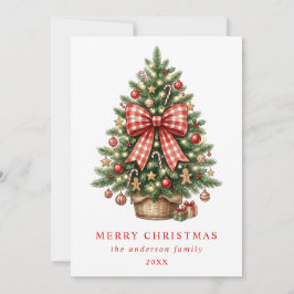 Elegante kerstboom met rode gingham strik in water feestdagenkaart