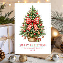 Elegante kerstboom met rode gingham strik in water