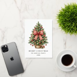 Elegante kerstboom met rode gingham strik in water folie feestdagenkaart