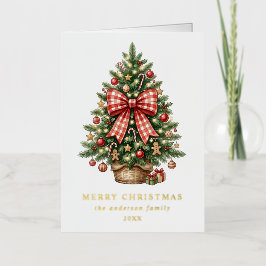 Elegante kerstboom met rode gingham strik in water folie feestdagenkaart