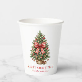 Elegante kerstboom met rode gingham strik in water papieren bekers