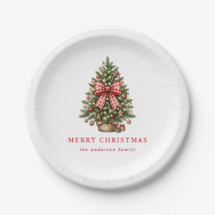 Elegante kerstboom met rode gingham strik in water papieren bordje
