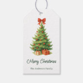 Elegante kerstboom met rode strik en cadeaus -  cadeaulabel (Voorkant)