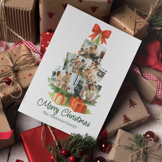 Elegante kerstboom met rode strik en Cadeaus - Feestdagenkaart