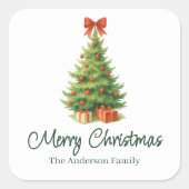 Elegante kerstboom met rode strik en cadeaus -  vierkante sticker (Voorkant)