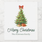 Elegante kerstboom met rode strik en Cadeaus - Wijn Etiket (Enkel label)