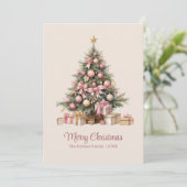 Elegante kerstboom met roze strikjes feestdagenkaart (Staand voorkant)