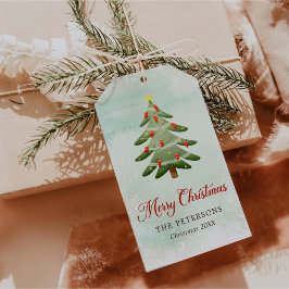 Elegante kerstboom met waterverf Holiday-feest Cadeaulabel