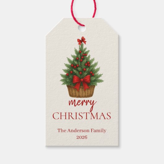 Elegante Kerstboom – Rode Lint  Cadeaulabel (Voorkant)