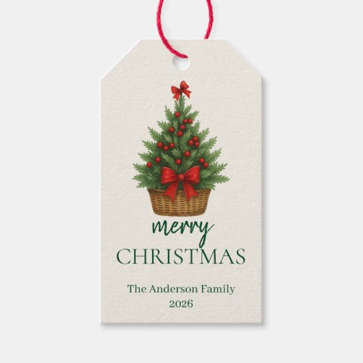Elegante Kerstboom – Rode Lint  Cadeaulabel (Voorkant)