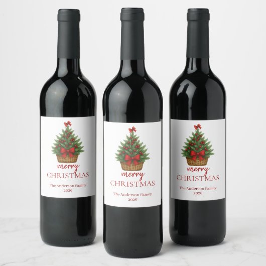 Elegante Kerstboom – Rode Lint  Wijn Etiket (Flessen)
