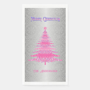Elegante Kerstboom Roze Zilveren Naam Ornamenten Servet