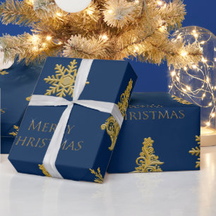 Elegante Kerstboom Sneeuwvlok op Blauw Cadeaupapier