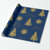 Elegante Kerstboom Sneeuwvlok op Blauw Cadeaupapier (Uitgerold)