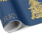 Elegante Kerstboom Sneeuwvlok op Blauw Cadeaupapier (Rol Hoek)