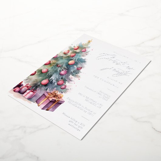 Elegante kerstboom vakantie feestje zilver folie uitnodiging (Gedraaid)