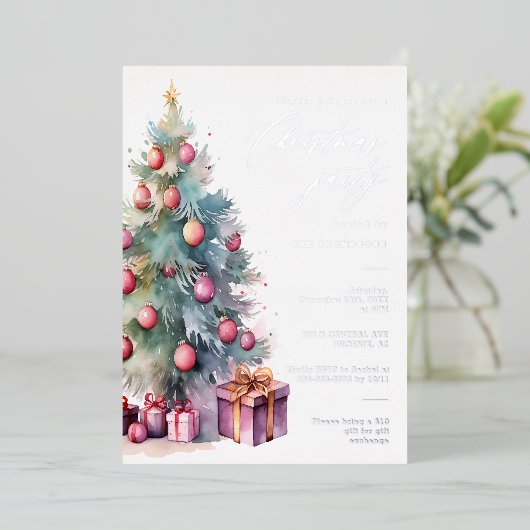 Elegante kerstboom vakantie feestje zilver folie uitnodiging (Staand Voorkant)