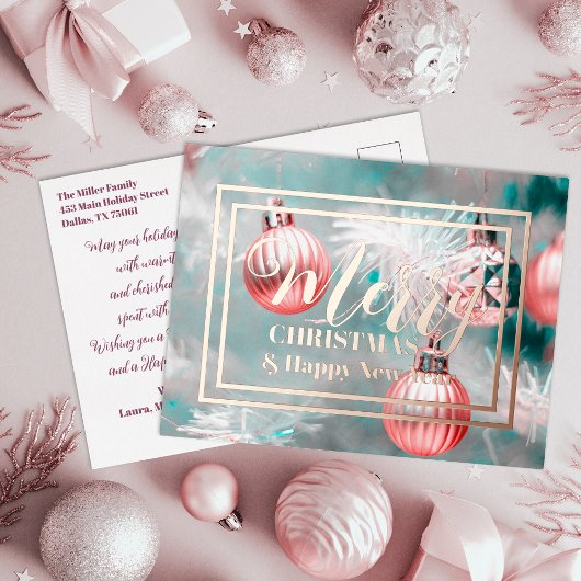 Elegante Kerstboom Versierd met Roze Baubles Folie Feestdagen Briefkaart