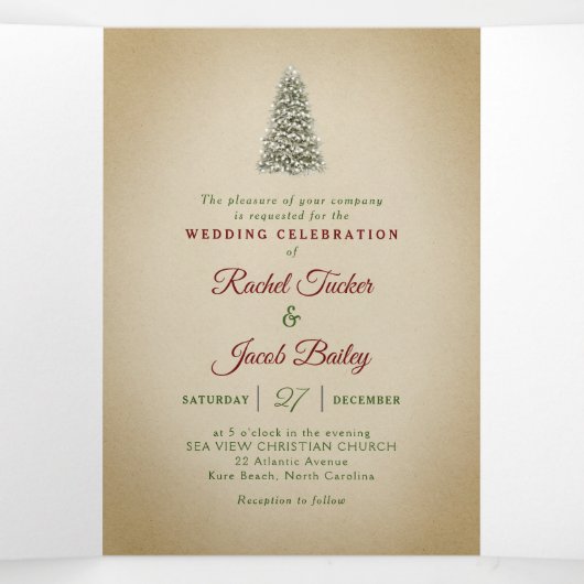 Elegante Kerstboom Winter Bruiloft Drieluik Uitnodiging (Binnenkant midden)