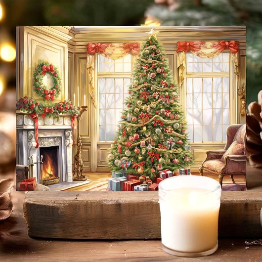 Elegante kerstboom woonkamer scene feestdagen kaart