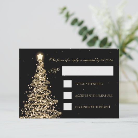 Elegante Kerstbruiloft RSVP Gold Black (Staand voorkant)