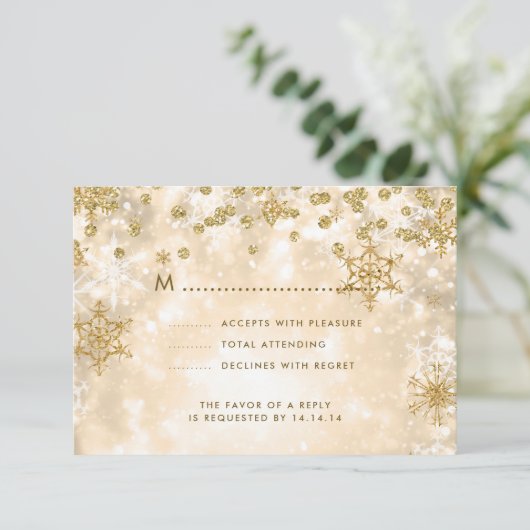 Elegante Kerstbruiloft RSVP Sparkle Gold (Staand voorkant)