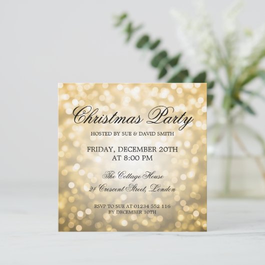Elegante Kerstfeest Gouden Glitter Lichten Kaart (Staand voorkant)