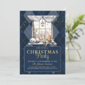 Elegante Kerstfeest Navy Plaid Gold Glitter Kaart (Staand voorkant)