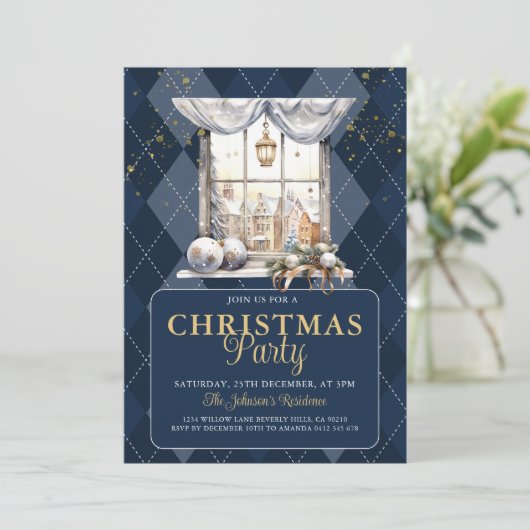 Elegante Kerstfeest Navy Plaid Gold Glitter Kaart (Staand voorkant)