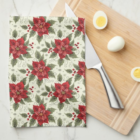 Elegante kerstfeest Poinsettia keukenhanddoek (Quarter Fold)