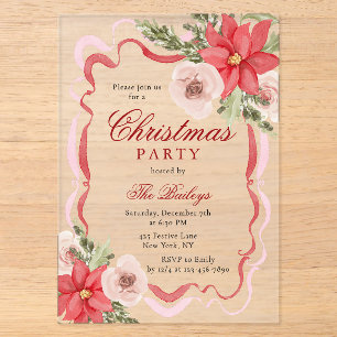 Elegante Kerstfeest Poinsettia Roos Frame Acryl Uitnodigingen