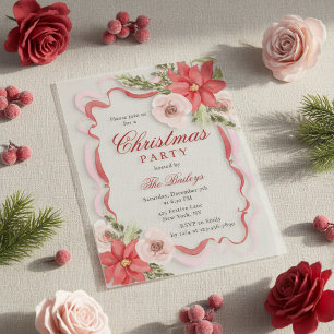 Elegante Kerstfeest Poinsettia Roos Lint Vellum Uitnodigingen