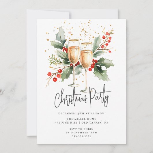 Elegante Kerstfeest Uitnodiging met Champagneglas (Voorkant)