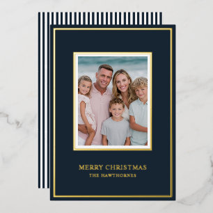 Elegante Kerstfoto Eenvoudig Donkerblauw Goud Folie Feestdagenkaart