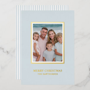 Elegante kerstfoto licht stoffig blauw goud folie feestdagenkaart