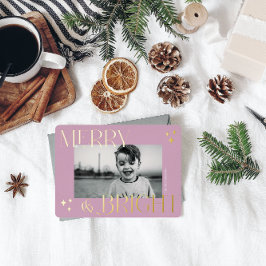 Elegante Kerstfoto Merry and Bright Folie Feestdagenkaart