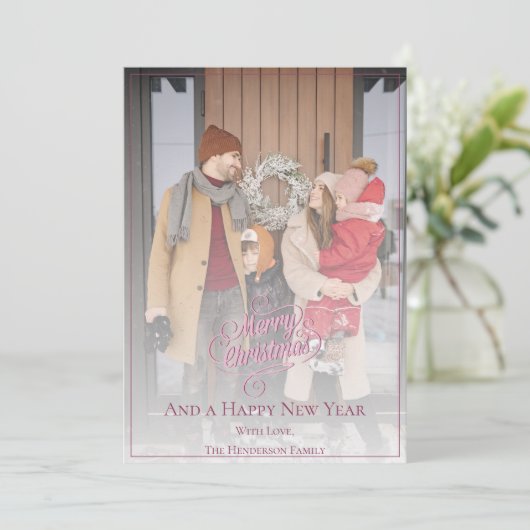 Elegante kerstfoto | roze feestdagenkaart (Staand voorkant)