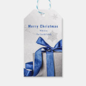 Elegante kerstgeschenkdoos met blauw lint cadeaulabel (Voorkant)