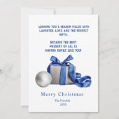 Elegante kerstgeschenkdoos met blauw lint feestdagenkaart (Voorkant)
